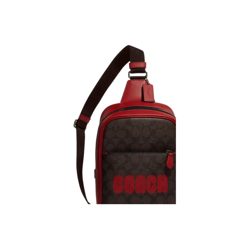 COACH Westway Coated Canvas With Calfskin Sling Bag, Shoulder Bag, Crossbody Bag Small Size Men's Brown & Red-4