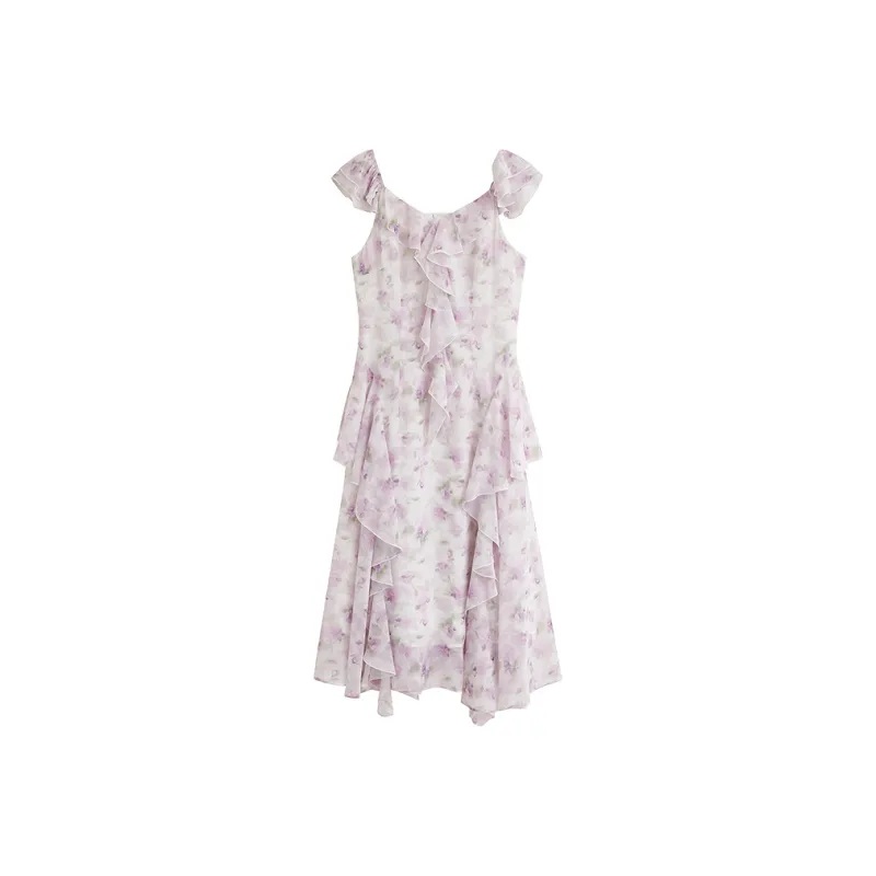 Inman Sleeveless Dresses Women's Romantic White With Purple Floral-0
