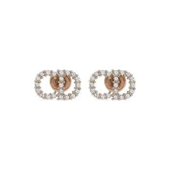 DIOR Gold Finish Metal And White Faux Crystal Decoration Stud Earrings Women's Gold