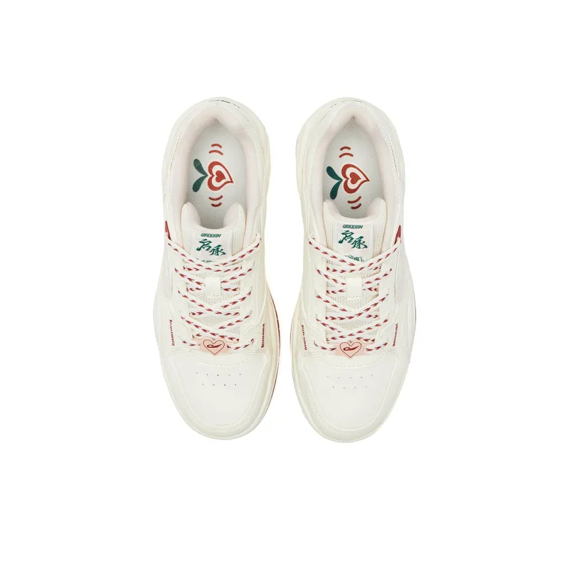 QIAODAN Anti Slip Wear Resistant Low Top Skateboard Shoes Men's Ivory White Iron Red-4
