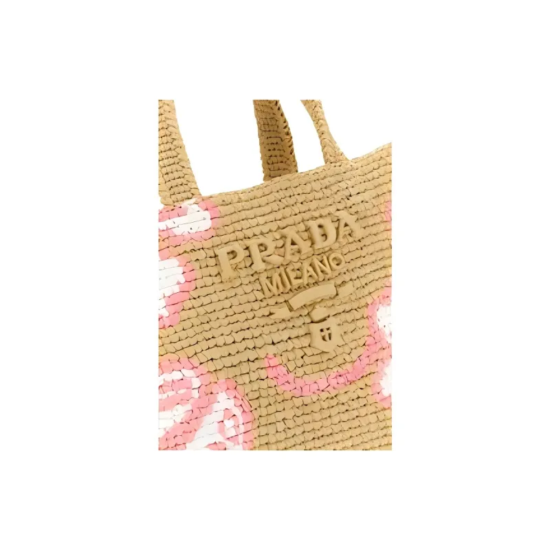 PRADA Raffia Tote Bag Shopping Bag Handbag Women's Khaki/Pink-3