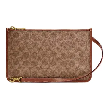COACH Signature Coated Canvas With Calfskin Canvas Bag Clutch Medium Size Women's Tan With Caramel