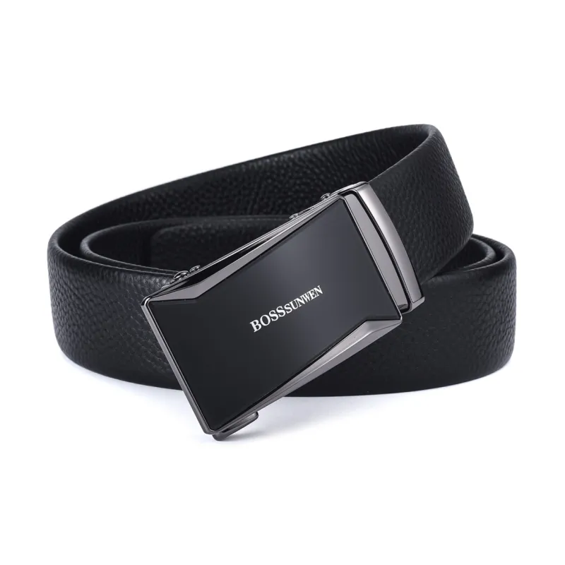 BOSSSUNWEN Top Grain Cow Leather Belts Men's Black Width  3.5cm-1