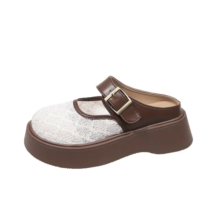 SUPEREDGE Rubber Sole Leather Patchwork Quiet Abrasion Resistant Closed Toe Slippers Women's-5