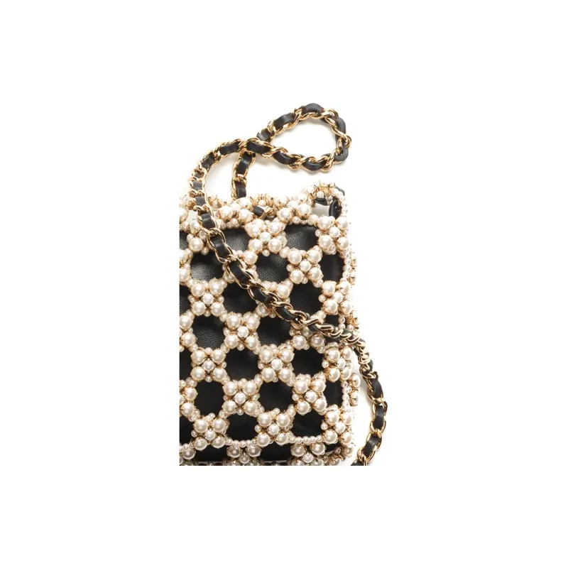 CHANEL 22K Autumn And Winter Lambskin With Tweed Evening Bag, Shoulder Bag, Crossbody Bag Trumpets Women's Black-4