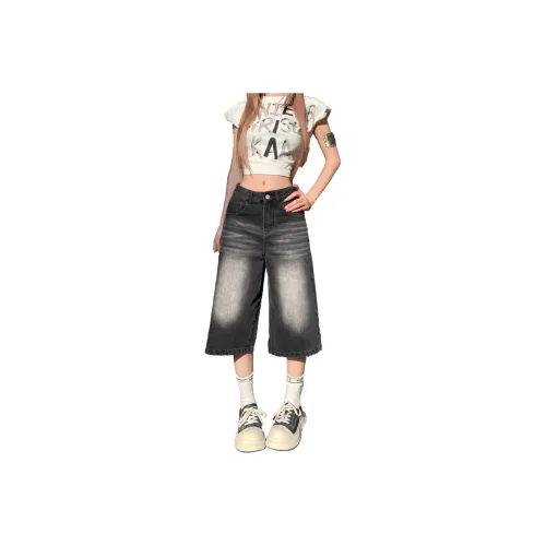 MPOX Denim Shorts Women's Black Capri Pants