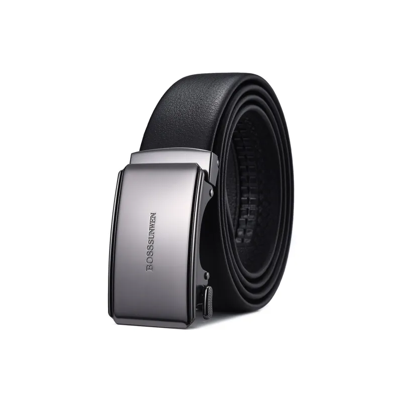 BOSSSUNWEN Top Grain Cow Leather Belts Men's Black Width  3.5cm-0