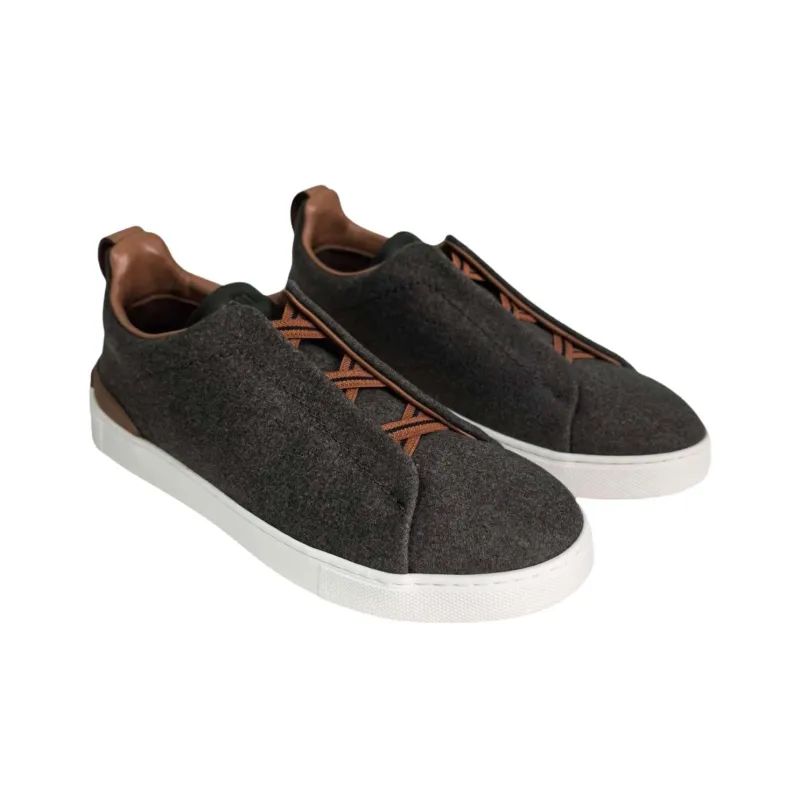 Zegna Triple Stitch Abrasion Resistant Low Top Skateboard Shoes Men's Gray Brown-3