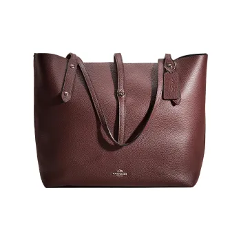 COACH Market Tote Polished Pebble Leather Tote Bag, Shopping Bag, One Shoulder Handbag Large Size Women's Burgundy