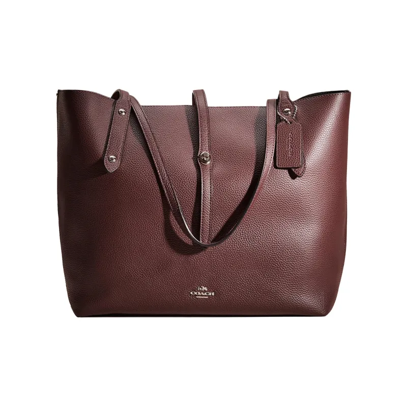 COACH Market Tote Polished Pebble Leather Tote Bag, Shopping Bag, One Shoulder Handbag Large Size Women's Burgundy-0