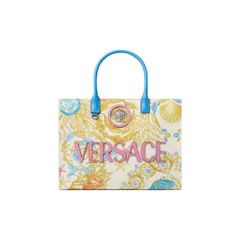 VERSACE Cotton Tote Bag, Shopping Bag, Handbag Tubas Women's Light Blue & White