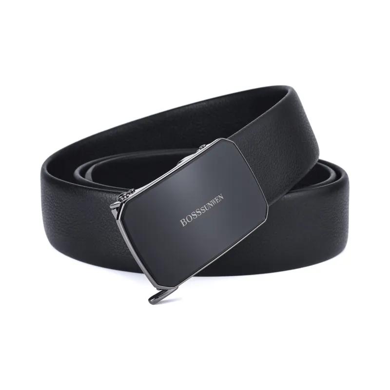 BOSSSUNWEN Men's Alloy Automatic Buckle Belt Cow Leather Belt Men's Black Width 3.5CM-1