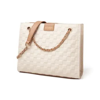 AOKANG Cow Leather Tote Diamond Pattern Chain Bag Crossbody Underarm Shoulder Bag Regular Women's Ecru/Elephant Gray