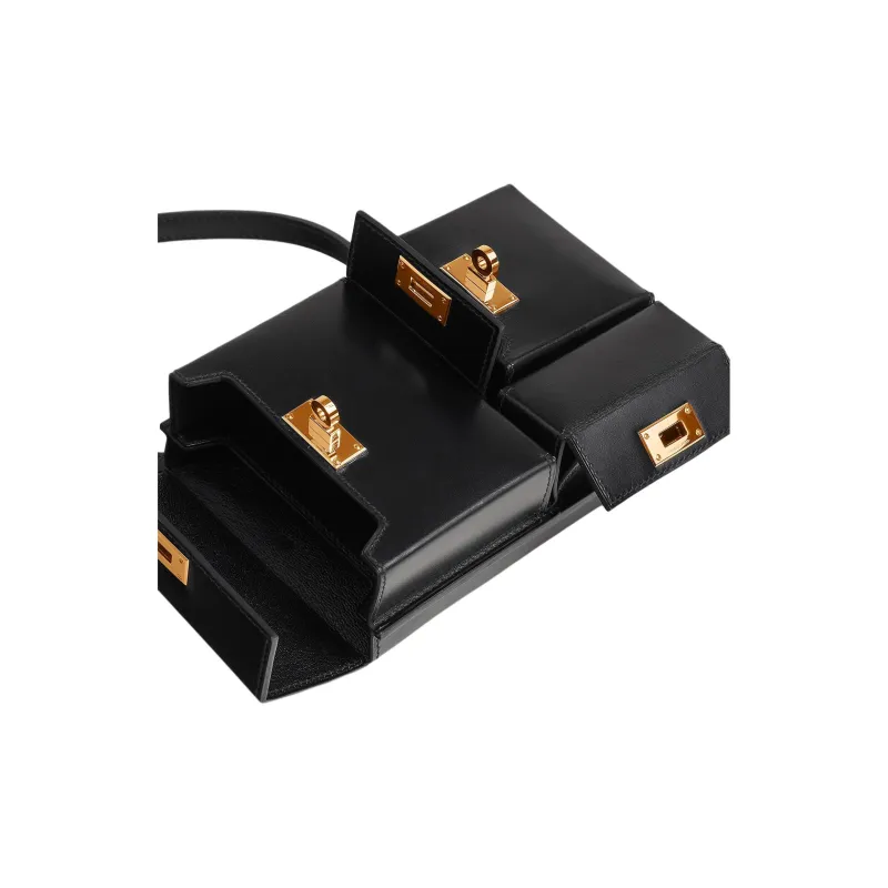 HERMES Kelly Box Calfskin Crossbody Bag, Shoulder Bag Unisex 89 Noir Black-2