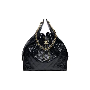 CHANEL 25Bag Shiny Calfskin Shoulder Bag Medium Size Women's Black