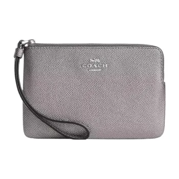 COACH Corner Zip Cross-Stitch Leather Clutch Wrist Bag Small Size Women's Metal Gray