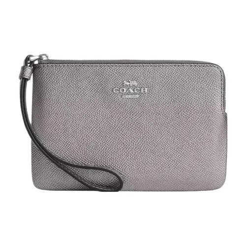 COACH Corner Zip Cross-Stitch Leather Clutch Wrist Bag Small Size Women's Metal Gray