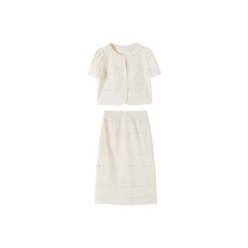 XIANGYING Two Piece Skirt Sets Women's Ecru