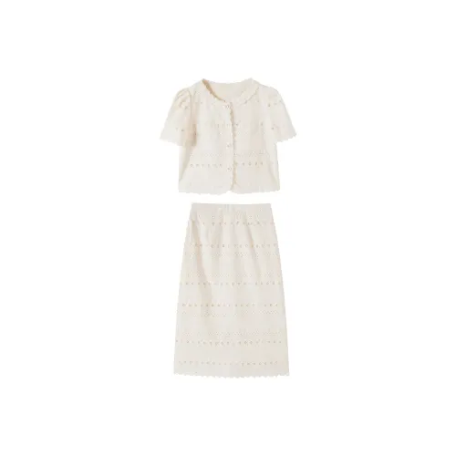 XIANGYING Two Piece Skirt Sets Women's Ecru