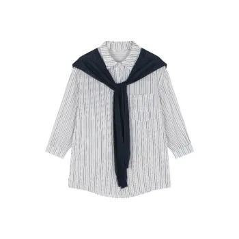 Mo Han Yi Mei Shirt Women's Navy Blue Stripes