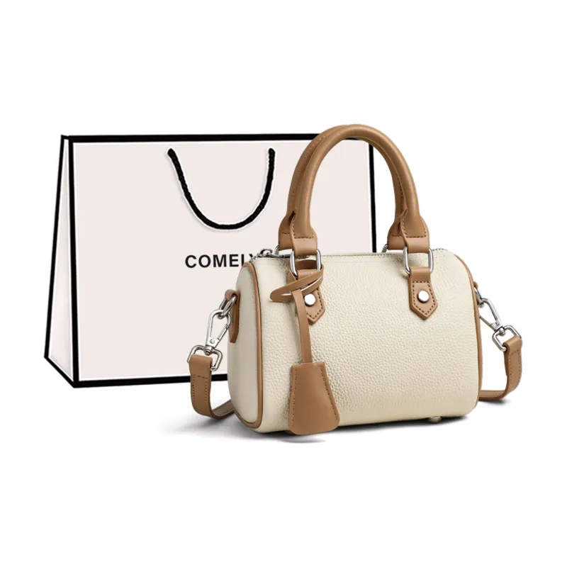 COMELY Cow Leather Shoulder Bag, Crossbody Bag, Handbag, Boston Pillow Bag Regular Women's Ecru & Apricot-0