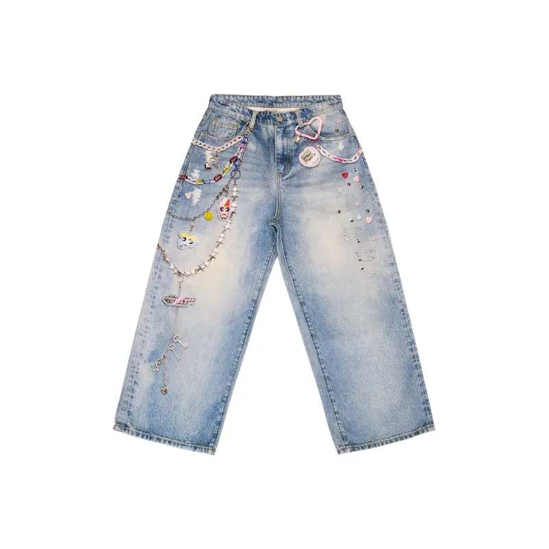 The Powerpuff Girls X WHOOSIS × The Powerpuff Girls, Collaboration Collection Jeans Unisex Washed Blue-0