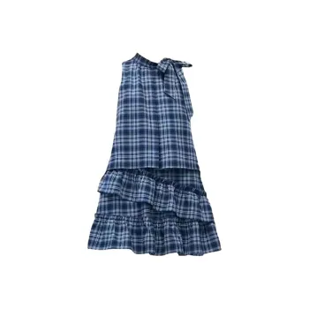 OZVO Sleeveless Dresses Women's Blue Plaid Skirt