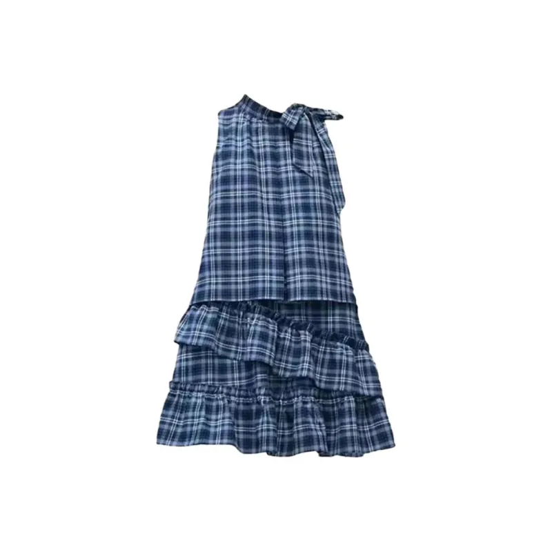 OZVO Sleeveless Dresses Women's Blue Plaid Skirt-0