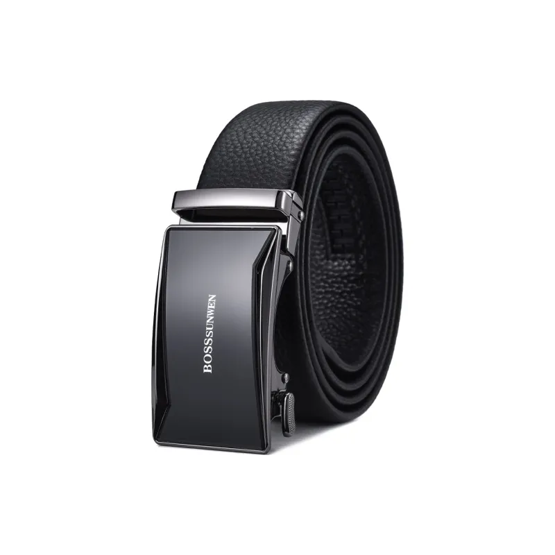 BOSSSUNWEN Top Grain Cow Leather Belts Men's Black Width  3.5cm-0