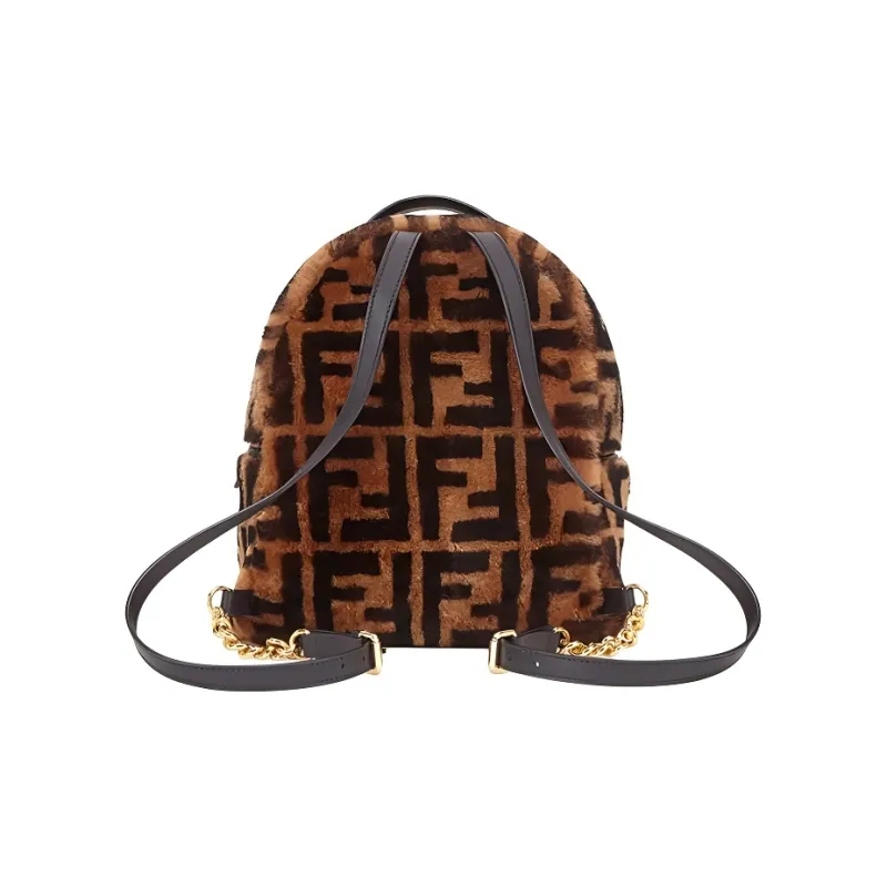 FENDI Shearling Cow Leather Patchwork Backpack Women's Brown-2