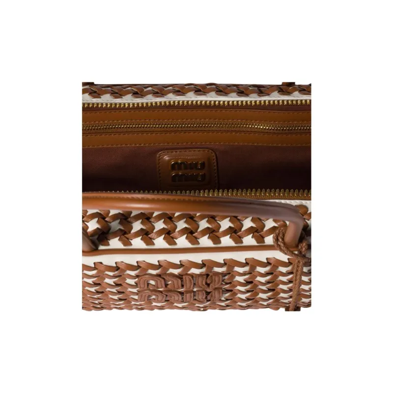 MIU MIU Beau Calfskin Handbag Women's Tea Brown & White-5