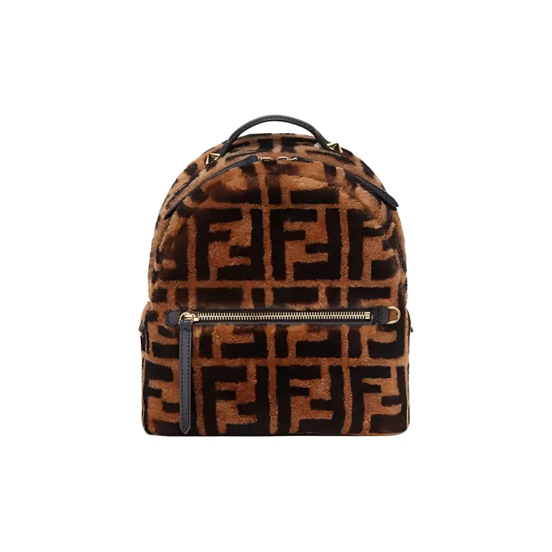 FENDI Shearling Cow Leather Patchwork Backpack Women's Brown-0