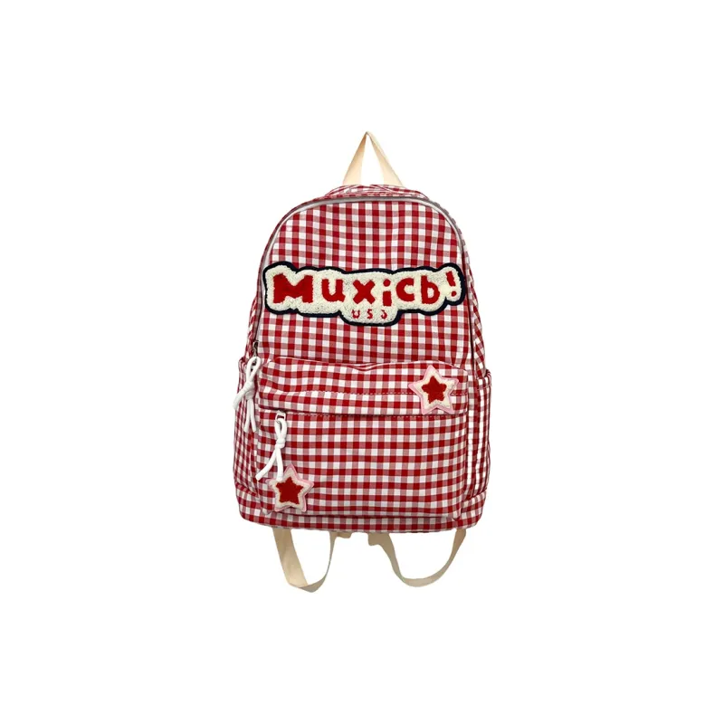 SURELAPTOP Nylon Backpack Women's Red White Plaid/Black White Plaid-0