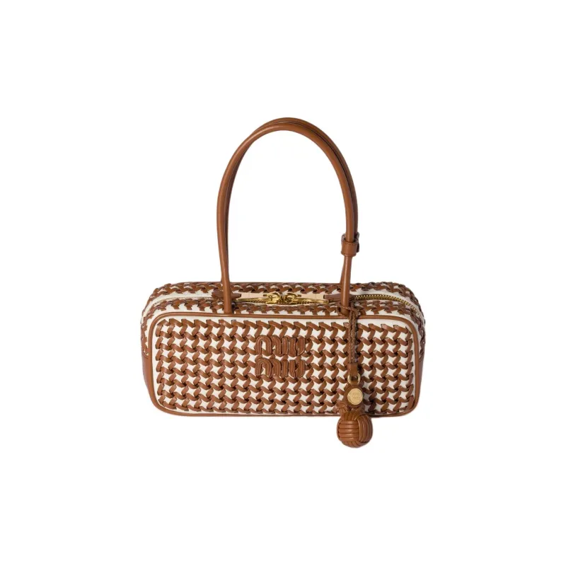 MIU MIU Beau Calfskin Handbag Women's Tea Brown & White-0