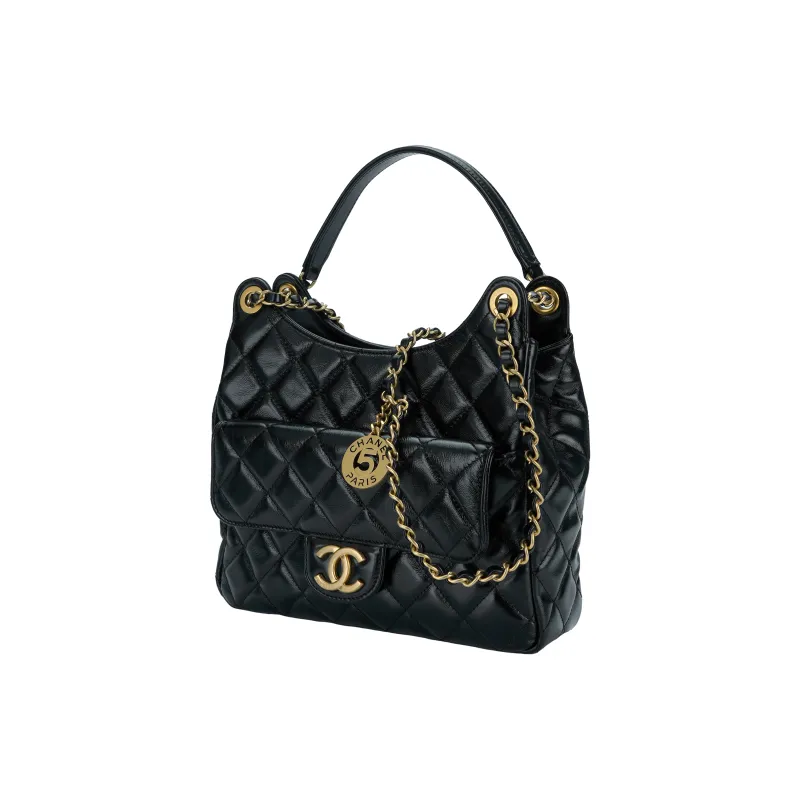 CHANEL Gold Tone Lock Shoulder Bag Women's Black-1