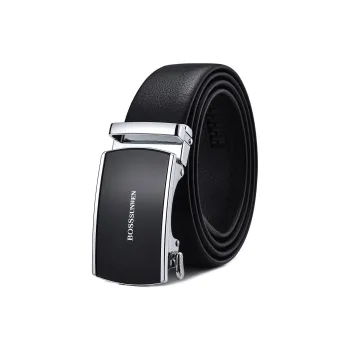 BOSSSUNWEN Men's Alloy Automatic Buckle Belt Cow Leather Belt Men's Black Width 3.5CM