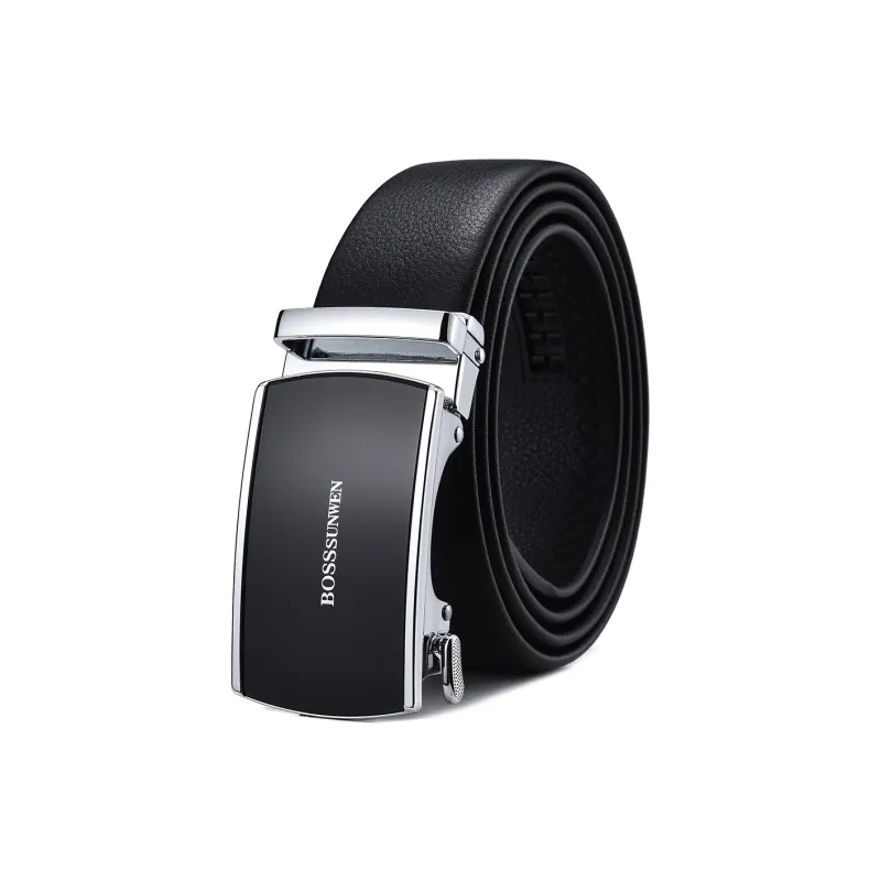 BOSSSUNWEN Men's Alloy Automatic Buckle Belt Cow Leather Belt Men's Black Width 3.5CM-0