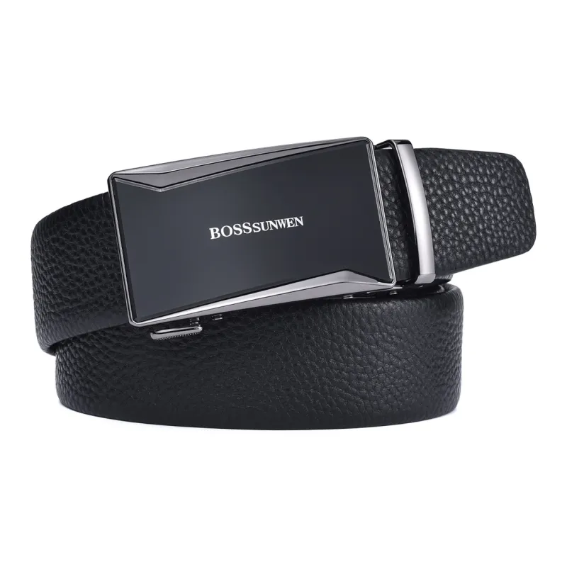BOSSSUNWEN Top Grain Cow Leather Belts Men's Black Width  3.5cm-3