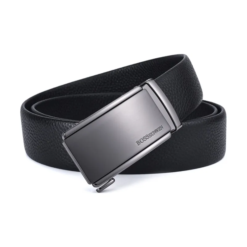 BOSSSUNWEN Top Grain Cow Leather Automatic Buckle Men's Black Width  3.5cm-1