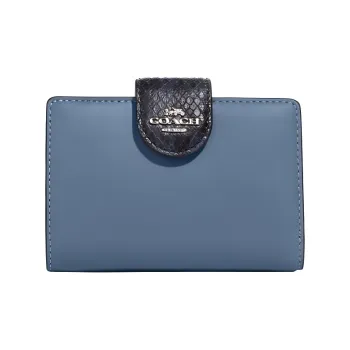 COACH Corner Zip Smooth Leather With Snakeskin Print And Embossed Leather Card Holder Wallet Women's Indigo