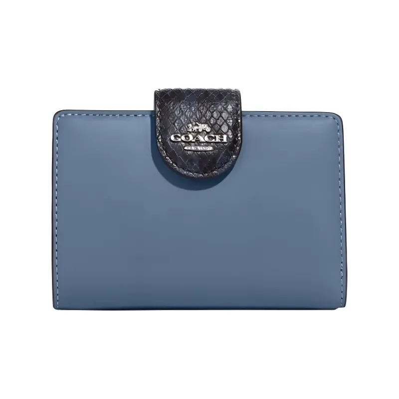 COACH Corner Zip Smooth Leather With Snakeskin Print And Embossed Leather Card Holder Wallet Women's Indigo-0