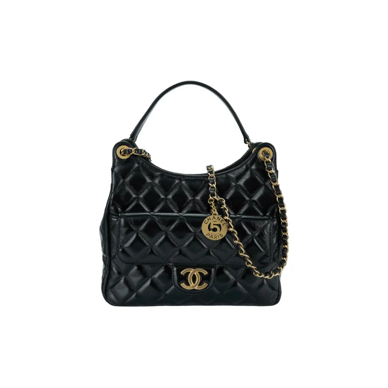 CHANEL Gold Tone Lock Shoulder Bag Women's Black-0