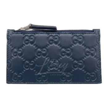 GUCCI Leather Card Holder Unisex Dark Blue