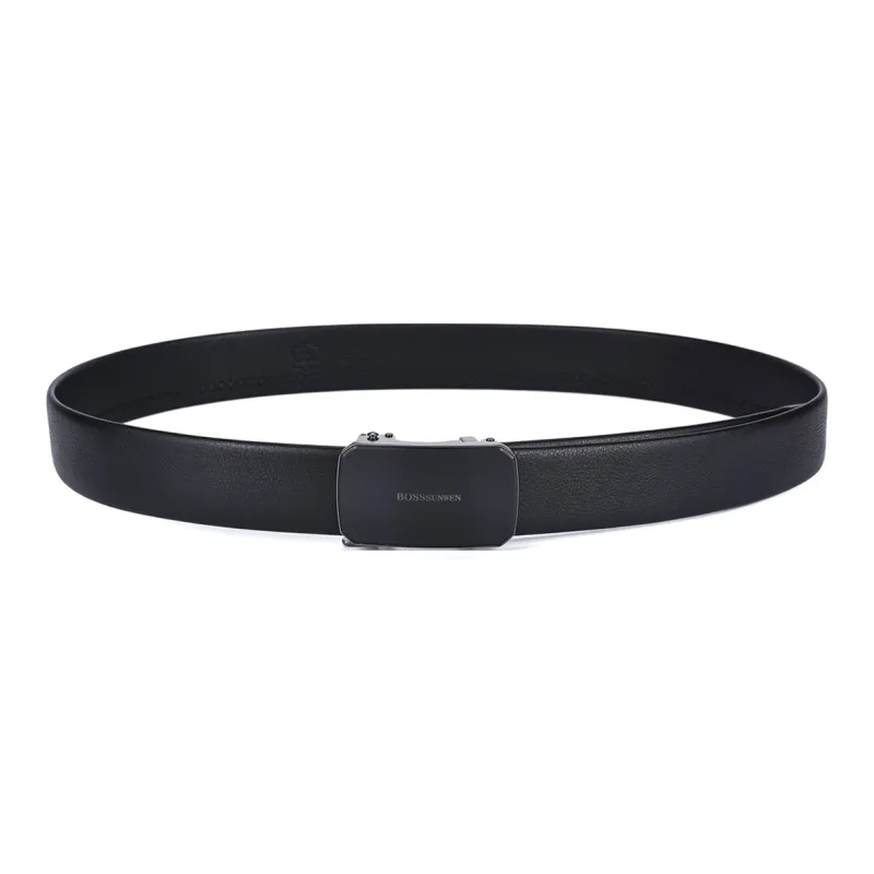 BOSSSUNWEN Men's Alloy Automatic Buckle Belt Cow Leather Belt Men's Black Width 3.5CM-2