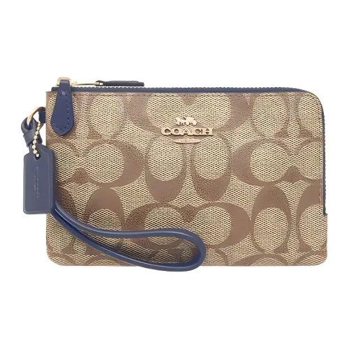 COACH Corner Zip Canvas With Leather Mahjong Box Clutch Wrist Bag Large Size Women's Khaki With Blue Wristbands