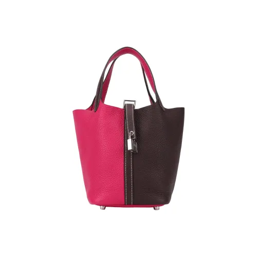 HERMES verde Lock TC Leather Cow Leather Basket Bag, Bucket Bag, Handbag 18 Women's Pink/Brown
