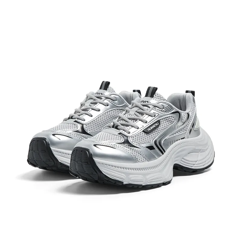 HUANQIU Height Increasing Abrasion Resistant Lightweight Slip Resistant Low Top Chunky Sneakers Women's Silver-2