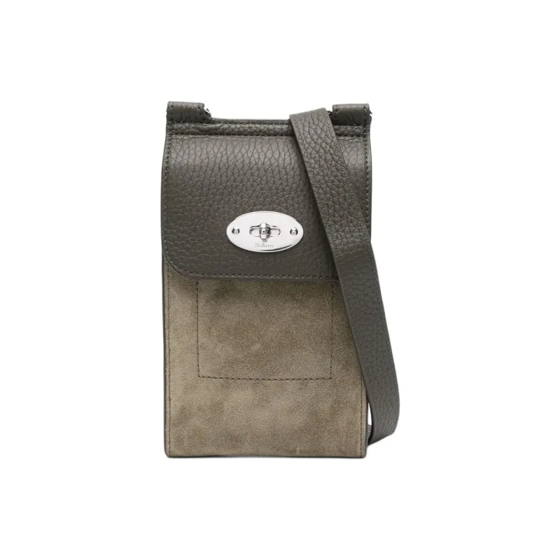 Mulberry Grained Cow Leather Suede Cell Phone Pouch Crossbody Bag Shoulder Bag Unisex Olive With Dark Green Accents-0