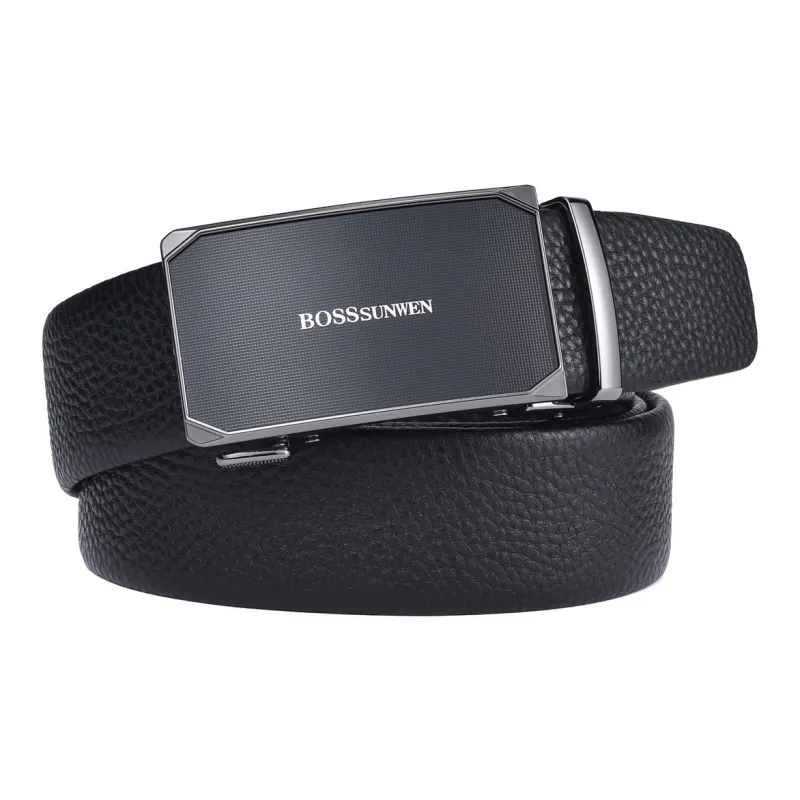 BOSSSUNWEN Top Grain Cow Leather Belts Men's Black Width 3.5cm-3