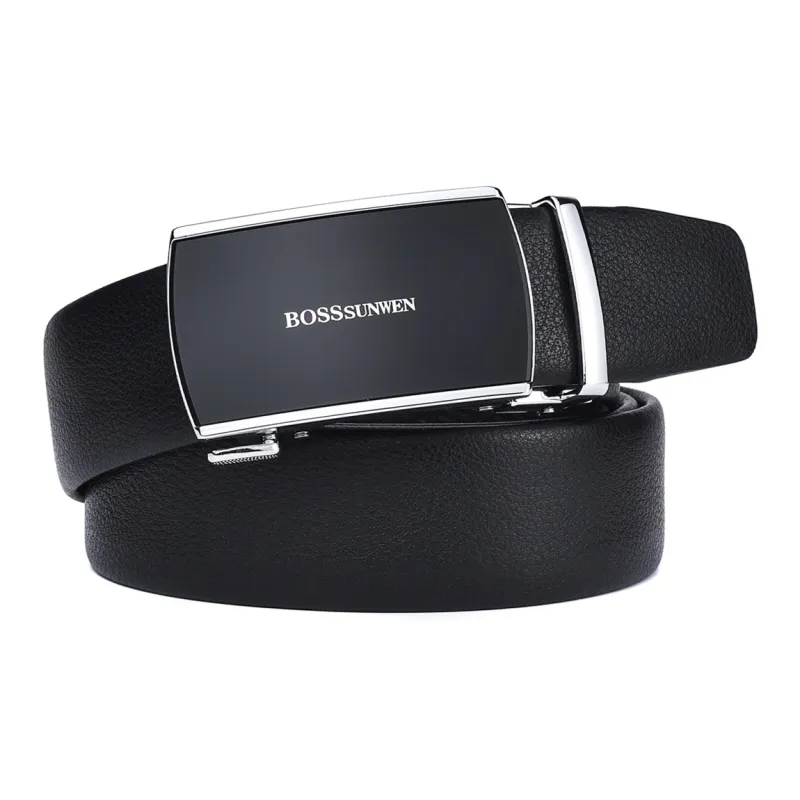 BOSSSUNWEN Men's Alloy Automatic Buckle Belt Cow Leather Belt Men's Black Width 3.5CM-3